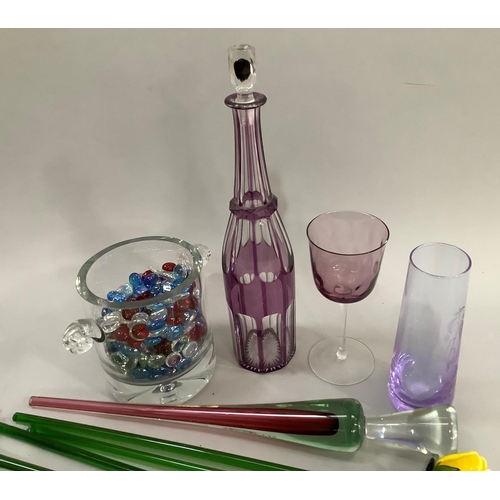 175 - Florence amethyst overlay glass decanter an amethyst tall stem glass, a tall green red and green vas... 