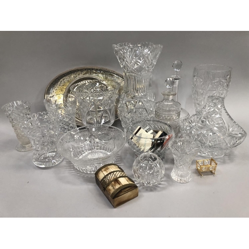 90 - An etched sherry decanter and matching spirit decanter, EPNS galleried tray and another circular, bo... 