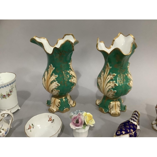 166 - A pair of 19th century green and gilt Rockingham style flared rim vases, a Royal Crown Derby paperwe... 