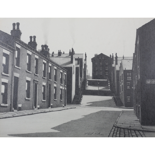 11 - ARR Stuart Walton (1933-2017), view from Rillbank Road, Burley, terraced streets and steps, pencil, ... 