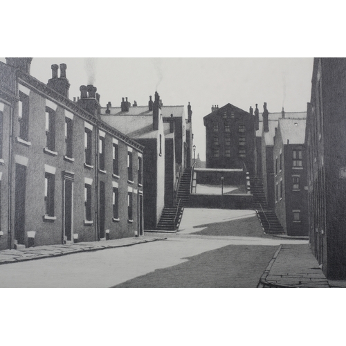 11 - ARR Stuart Walton (1933-2017), view from Rillbank Road, Burley, terraced streets and steps, pencil, ... 