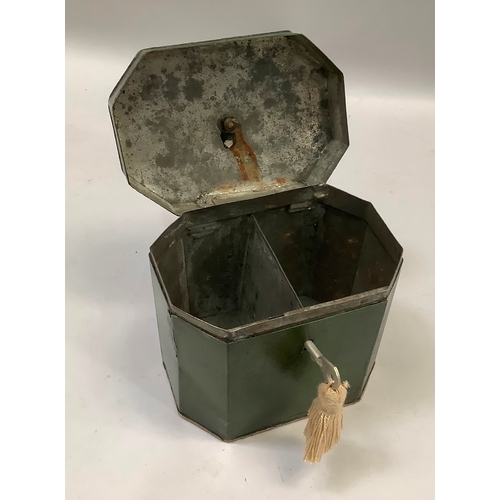 47 - A green enamelled tin caddy of irregular octagonal form with gilt line detailing, 10.5cm high