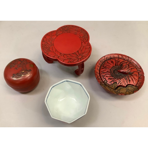 49 - A Japanese cinnabar coloured dish and cover moulded as a flower head, 13.5cm diameter together with ... 