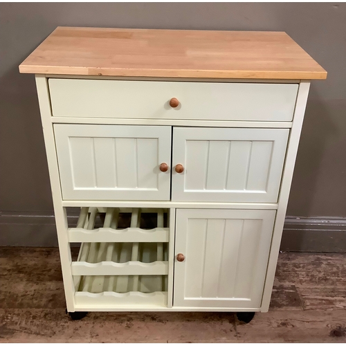 120 - A modern cream and pine topped kitchen sideboard with wine rack, single door below two doors below s... 