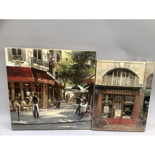 263 - Two colour prints, Parisian Café scenes and Antoinette restaurant, laid on to canvas frames, 49cm x ... 