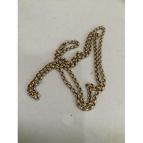 339 - A neck chain in 9ct gold belcher links, approximate length 70cm, approximate weight 22g