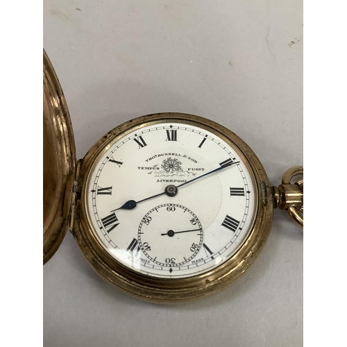 352 - An early 20th century pocket watch by Thomas Russell and Sons Liverpool in a rolled gold hunting cas... 