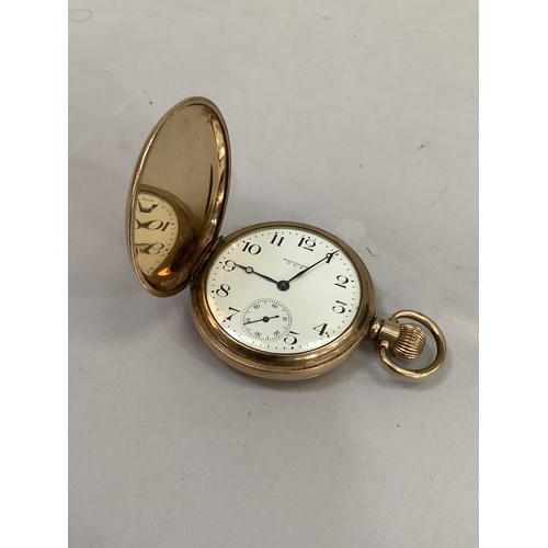 354 - A Waltham pocket watch c1920 in Moon Hunby rolled gold case no.788899 by Dennison, keyless jewelled ... 