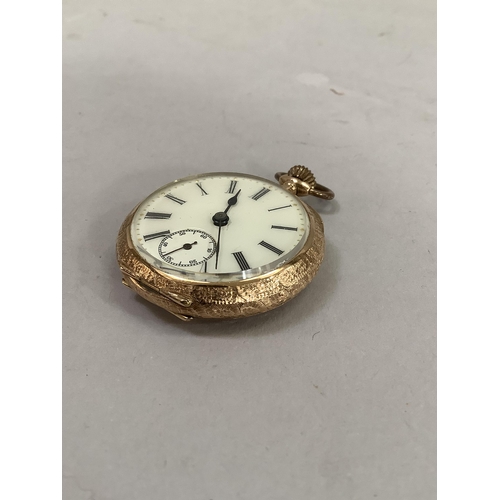 355 - A late 19th/early 20th century fob watch in 14ct gold case no.63931-9, Swiss keyless cylinder moveme... 