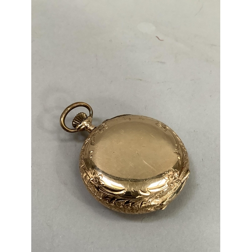 355 - A late 19th/early 20th century fob watch in 14ct gold case no.63931-9, Swiss keyless cylinder moveme... 