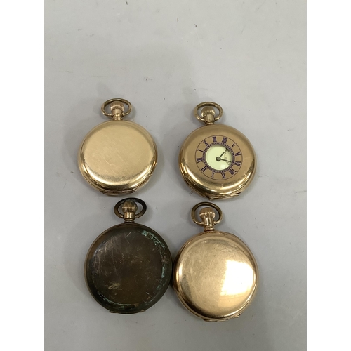 357 - Four early to mid 20th century pocket watches, all in rolled gold cases including one half hunter an... 