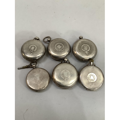 361 - Six 19th century and early 20th century pocket watches all in silver open faced cases including an E... 