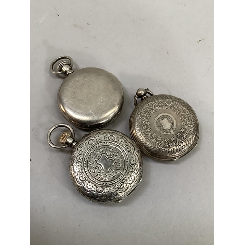 363 - Three late 19th century fob watches all in open faced silver cases including a Waltham seaside grade... 