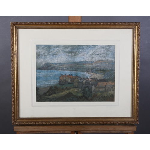 386 - 20th century British, Robin Hood's Bay, a rainy day,  pastel, unsigned, 23cm x 41.5cm