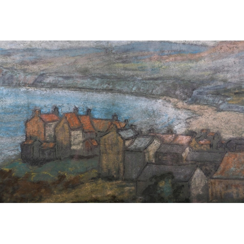 386 - 20th century British, Robin Hood's Bay, a rainy day,  pastel, unsigned, 23cm x 41.5cm