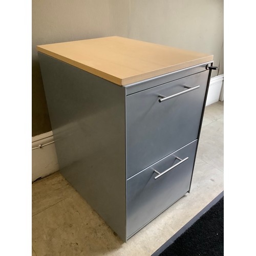 115 - Metal filing cabinet with two drawers and pine top