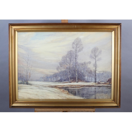 383 - V I Hull early to mid-20th century, Winter landscape of snow covered fields pond and woodland, water... 