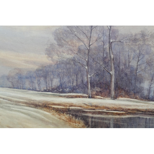 383 - V I Hull early to mid-20th century, Winter landscape of snow covered fields pond and woodland, water... 