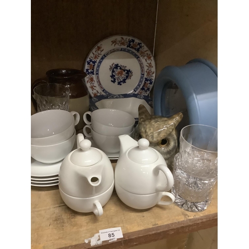 85 - Three 19th century plates, brown earthernware jug, white crockery, an owl formed a as a lamp and an ... 