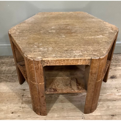 410 - An art deco oak hexagonal occasional table with under tier and on triple reeded style legs, 81cm dia... 