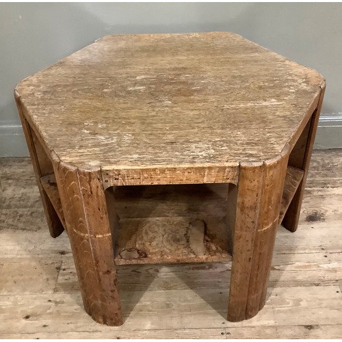 410 - An art deco oak hexagonal occasional table with under tier and on triple reeded style legs, 81cm dia... 