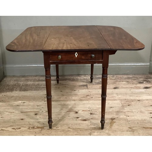 415 - A 19th century mahogany Pembroke table having rectangular drop leaves with rounded corners, drawer t... 