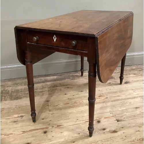 415 - A 19th century mahogany Pembroke table having rectangular drop leaves with rounded corners, drawer t... 