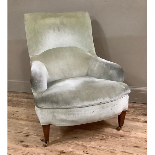 423 - An Edwardian mahogany armchair upholstered in pale green velvet, on square tapered legs and with bra... 