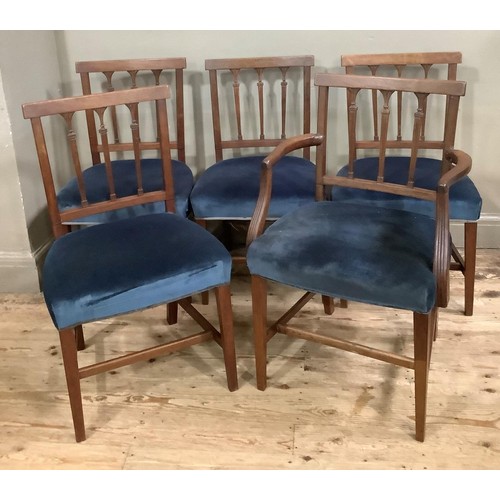 432 - A set of five early 19th century mahogany rail back dining chairs with blue upholstered seats and on... 