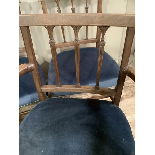 432 - A set of five early 19th century mahogany rail back dining chairs with blue upholstered seats and on... 