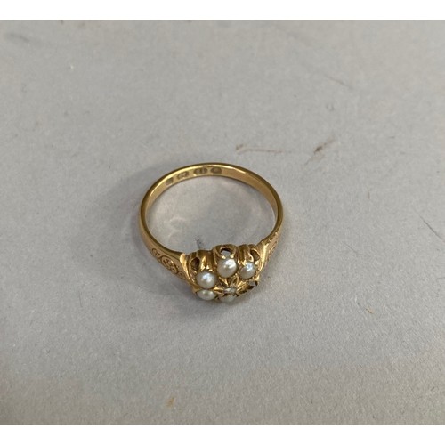 328 - A Victorian pearl and rose diamond cluster ring in 18ct gold (at fault, one pearl missing), Birmingh... 