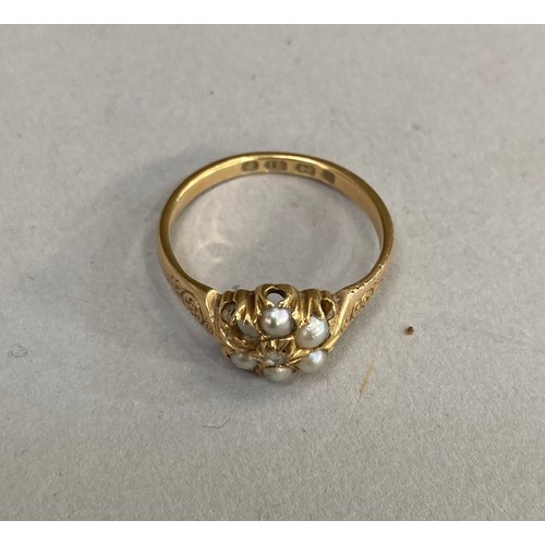 328 - A Victorian pearl and rose diamond cluster ring in 18ct gold (at fault, one pearl missing), Birmingh... 