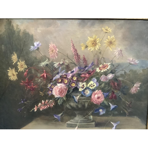 267 - C Gobl, still life of summer flowers held in a pedestal vase on a table, oil on canvas, signed to lo... 