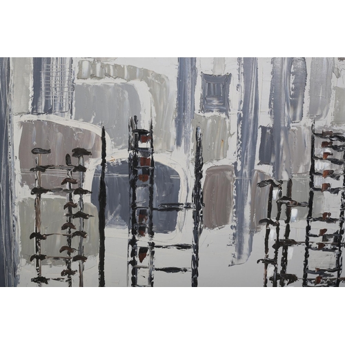 134 - ARR Druie Bowett (1924-1998), Industrial landscape, abstract, oil on canvas, incised signature and d... 