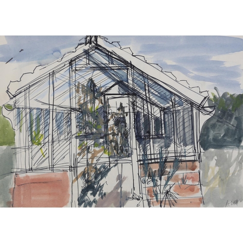 138 - ARR Druie Bowett (1924-1998), Our Old Greenhouse,  pen and ink and wash, signed to lower right, titl... 