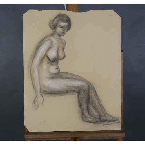 142 - ARR Druie Bowett (1924-1998), study of a female nude, sitting, charcoal with white, signed and dated... 