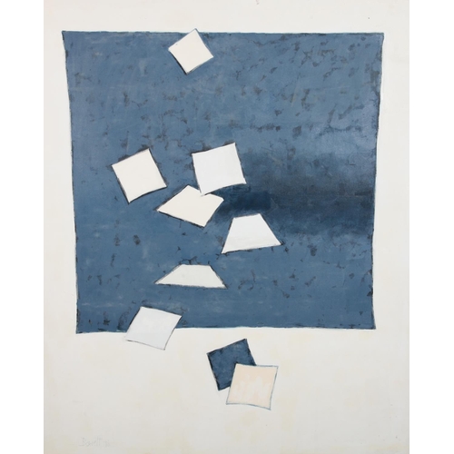 145 - ARR Druie Bowett (1924-1998), Blue square on white with falling square, oil on canvas, signed to low... 