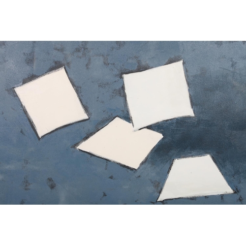 145 - ARR Druie Bowett (1924-1998), Blue square on white with falling square, oil on canvas, signed to low... 