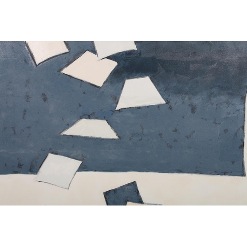 145 - ARR Druie Bowett (1924-1998), Blue square on white with falling square, oil on canvas, signed to low... 