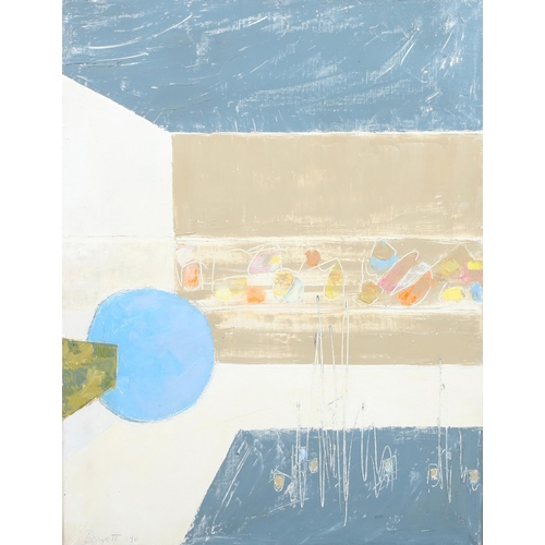 149 - ARR Druie Bowett (1924-1998), Abstract with blue circle, oil on canvas, signed and dated (19)90 to l... 