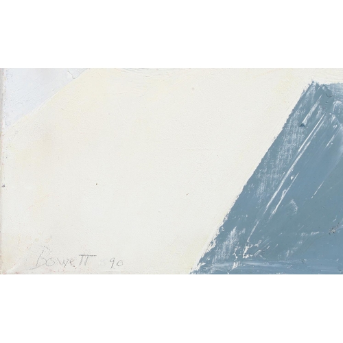 149 - ARR Druie Bowett (1924-1998), Abstract with blue circle, oil on canvas, signed and dated (19)90 to l... 