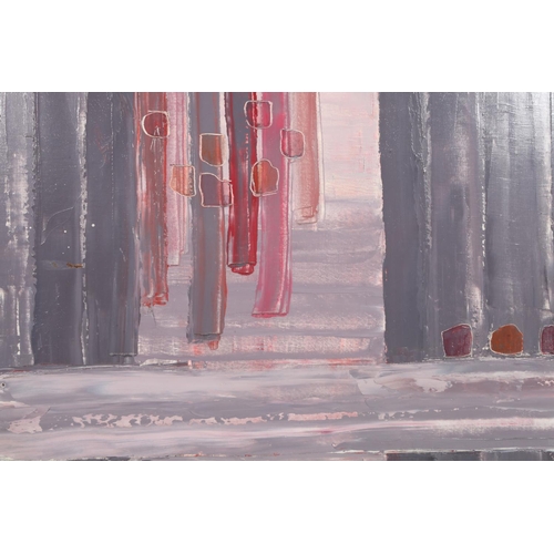 150 - ARR Druie Bowett (1924-1998), Bleo 1970, verticals in mauve, oil on canvas, incised, signed and date... 