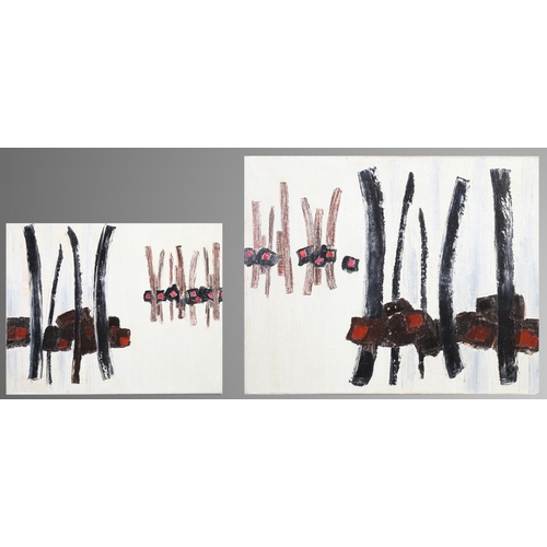 151 - ARR Druie Bowett (1924-1998) Dyptic, verticals in black and brown with red, oil on canvas, signed to... 