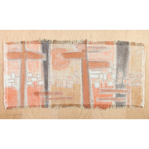 153 - ARR Druie Bowett (1924-1998), landscape in orange and browns on woven cotton panel laid out onto oak... 