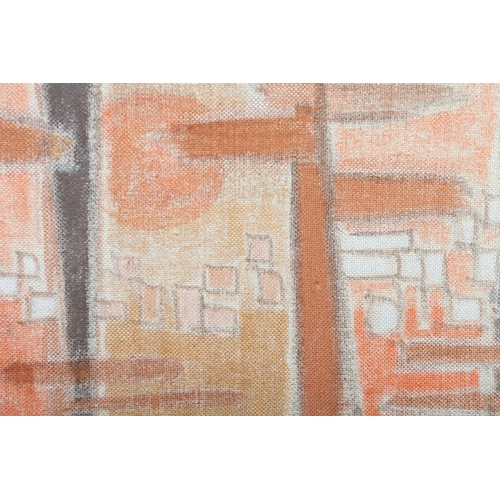 153 - ARR Druie Bowett (1924-1998), landscape in orange and browns on woven cotton panel laid out onto oak... 