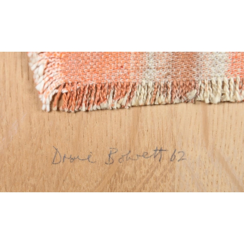 153 - ARR Druie Bowett (1924-1998), landscape in orange and browns on woven cotton panel laid out onto oak... 