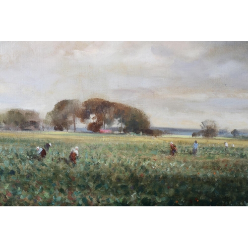 69 - ARR J Barrie Haste (1931-2011), Lincolnshire landscape with farmhands picking the crop, oil on canva... 