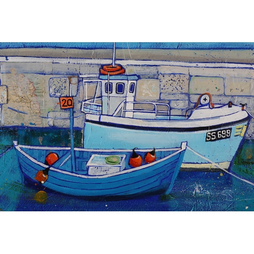 47 - ARR Joanne Wishart (Contemporary), Harbour scene with moored fishing boats, Northumberland, mixed me... 