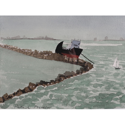 6 - ARR Patrick Procktor (1936-2003), Cargo ship at anchor beside a breakwater, watercolour over pencil,... 