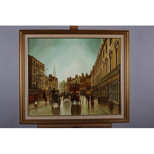 89 - ARR Steven Scholes (b.1952), Edwardian Street scene with horse-drawn omnibus and carriages, oil on c... 